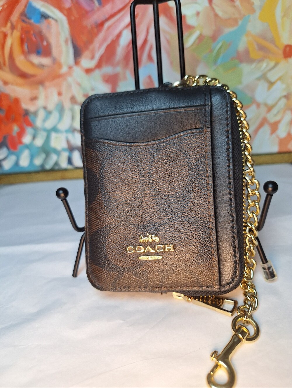 COACH Zip Card Case Wallet Signature Canvas Brown Black Gold Chain CW883 EU
